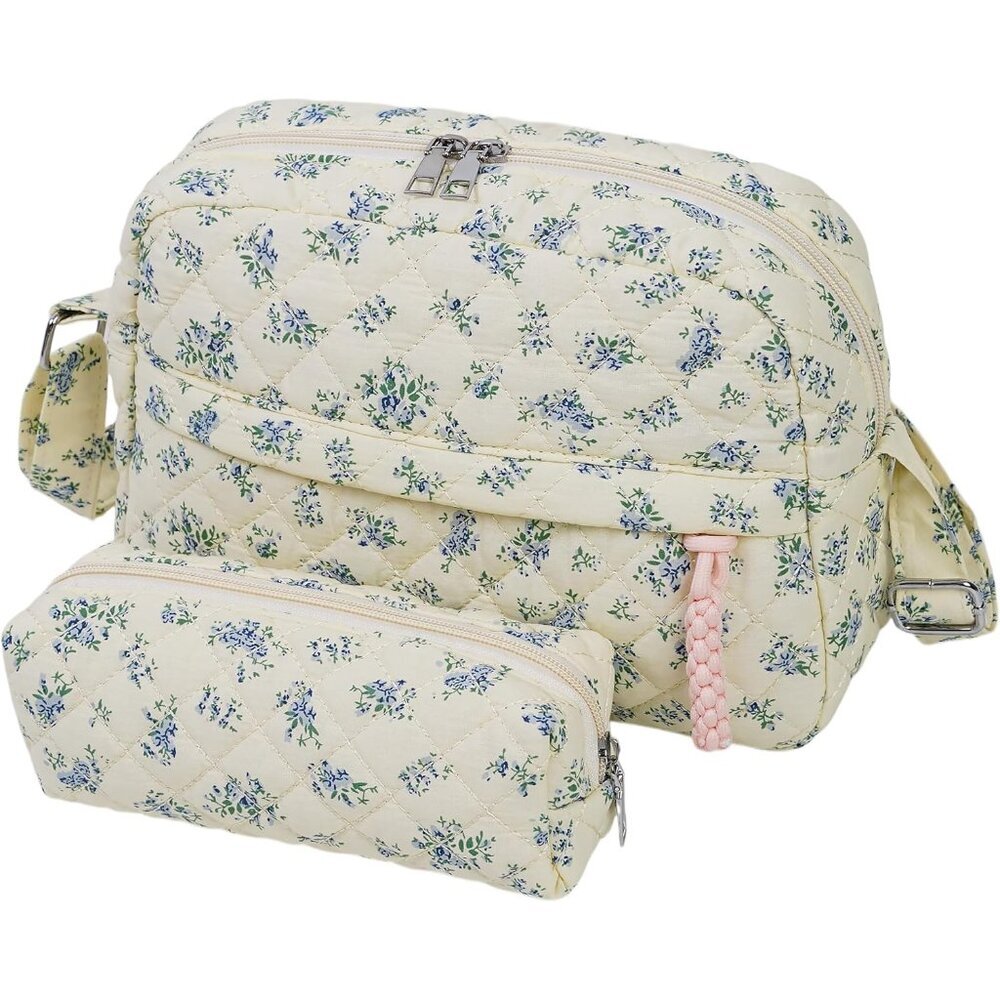 2 Pcs Floral Quilted Crossbody Bags Women Small Multi-Pocket Tote Shoulder Purse